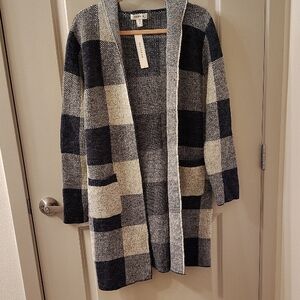 Monteau Women's Blue and White Long Knit Hooded Cardigan